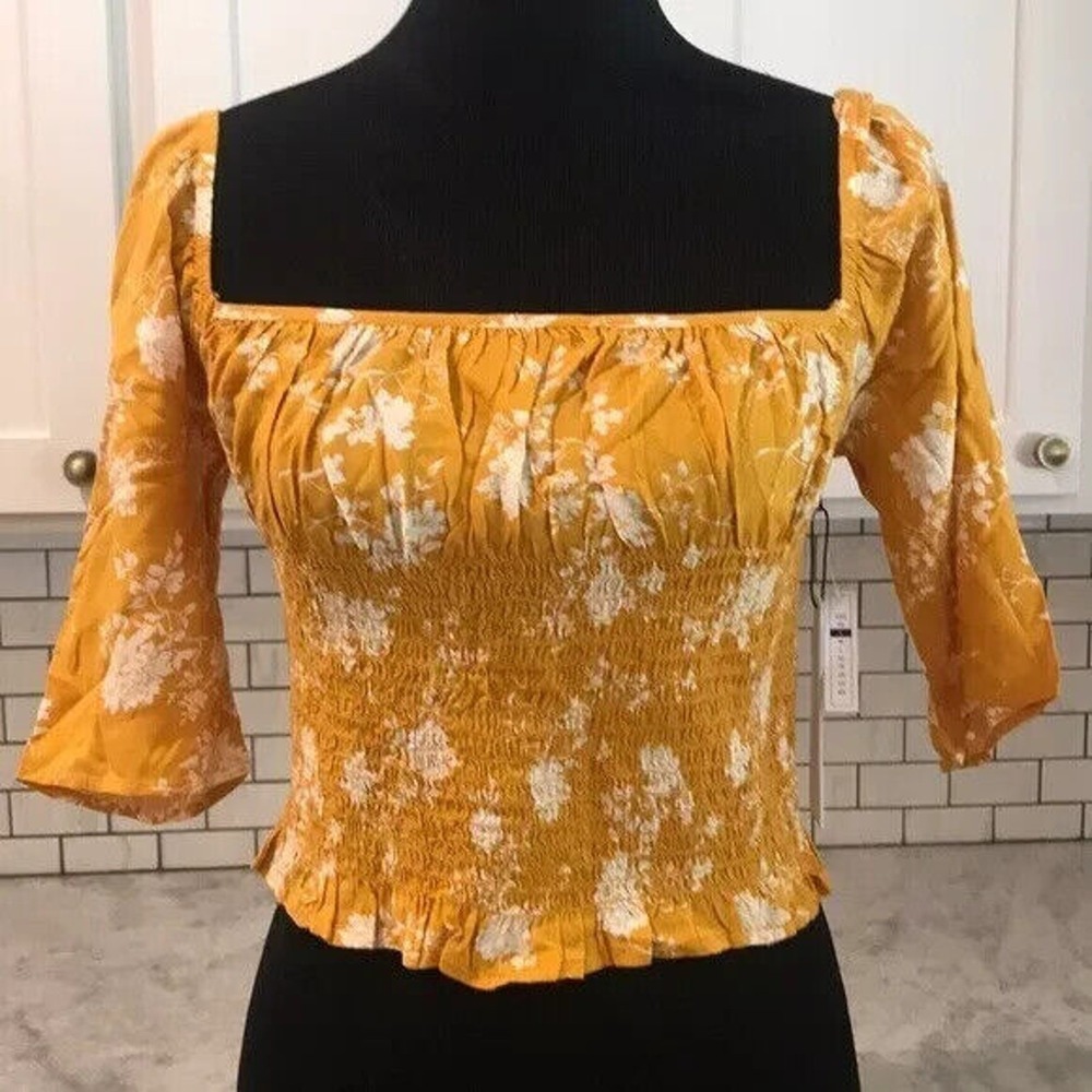 BP Claudia Sulewski Crop Top Womens S Mustard Yellow Floral Smocked Boho New